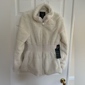 NWT Cavalini Coat: White Faux Fur, Elastic White Faux Leather Waist, Zip XL
